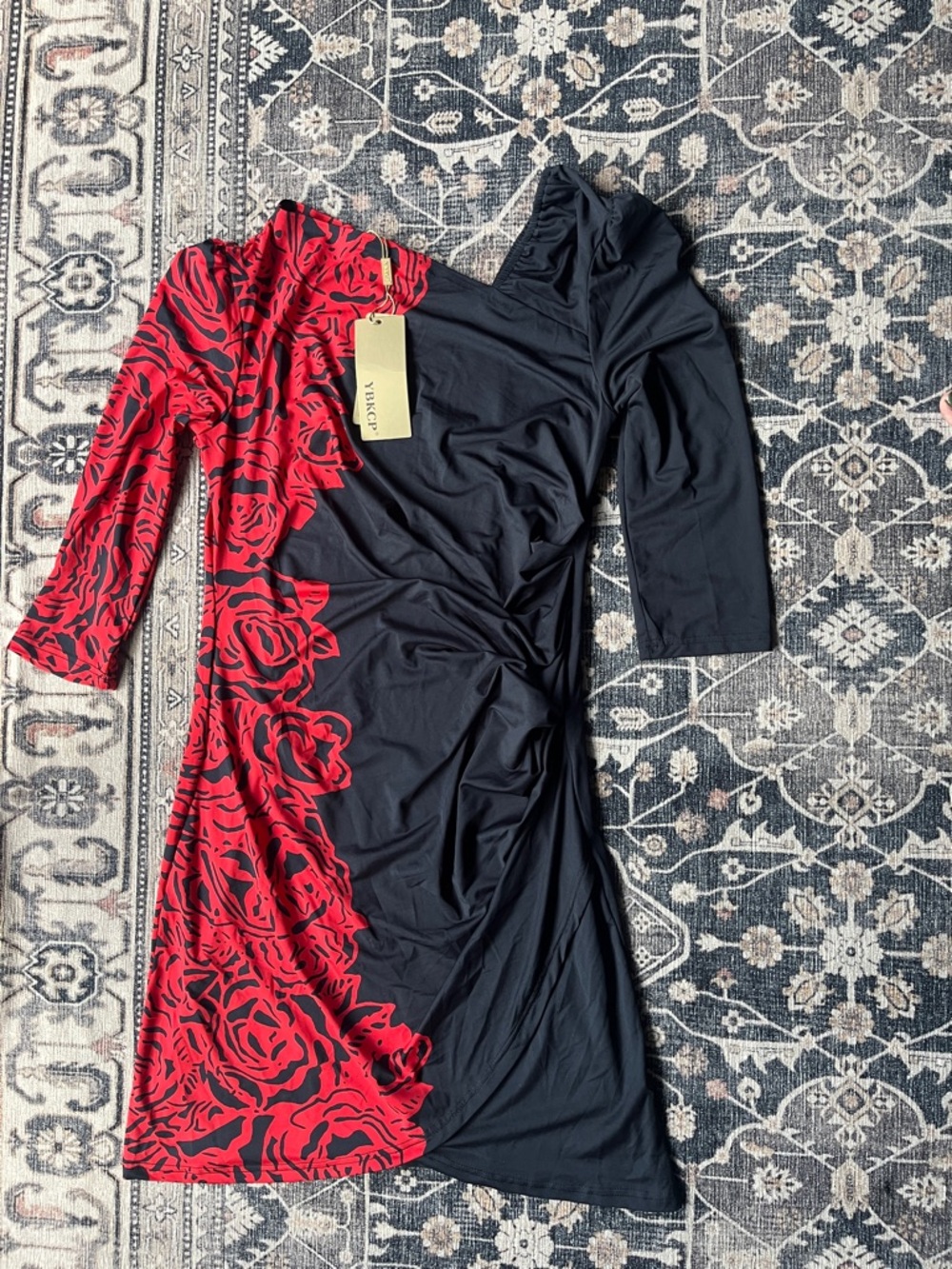 Unk Black Dress with Red Rose Print - Long Sleeve